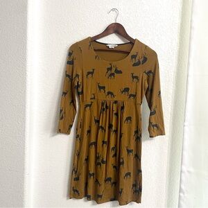 Boden Womens Dress Tan Brown Oh Deer Print Fit & Flare Jersey 3/4 Sleeve Size 6